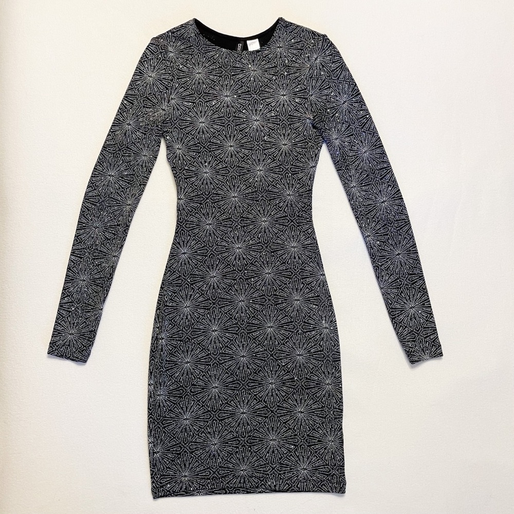 H&M Sparkly Bodycon Backless Jersey Dress Black Silver Geometric